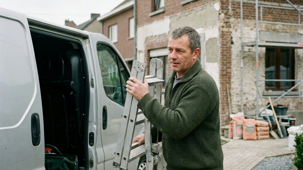 Un artisan sort une échelle de sa camionnette devant une maison en rénovation