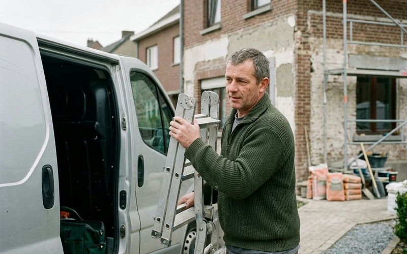 Ein Handwerker nimmt eine Leiter aus seinem Transporter, vor einem Haus in Renovierung
