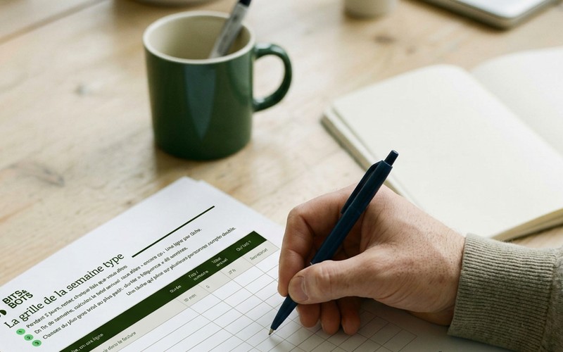 Une main remplit la grille de la semaine type au stylo, à côté d’un carnet et d’une tasse