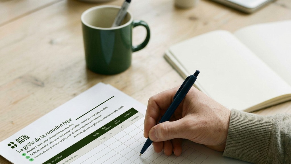 Une main remplit la grille de la semaine type au stylo, à côté d’un carnet et d’une tasse