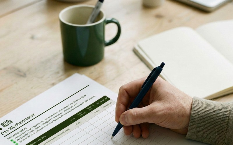 Eine Hand füllt das Wochenraster mit dem Kugelschreiber aus, daneben ein Notizbuch und eine Tasse
