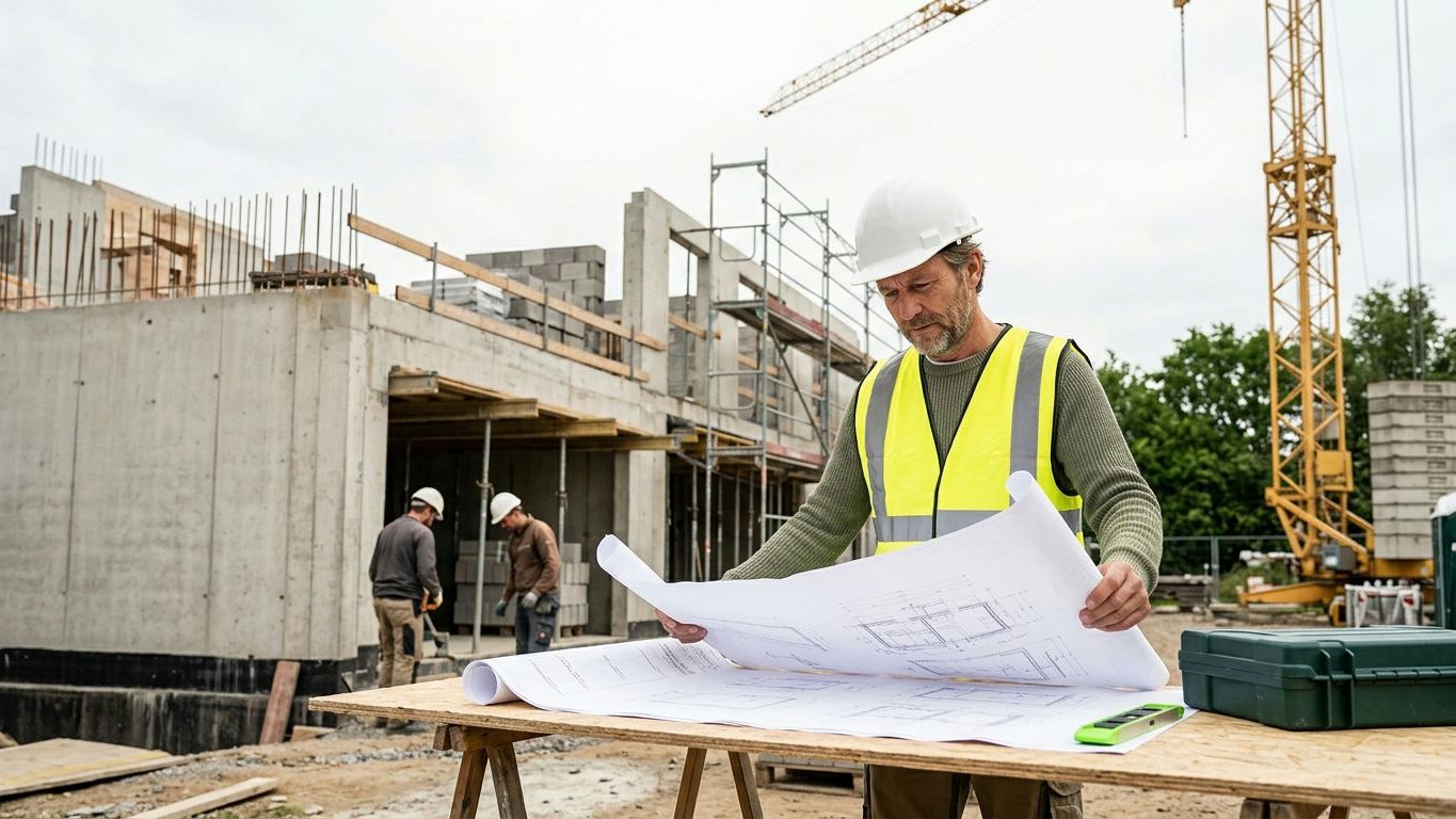 Ein Bauleiter studiert die Pläne auf einem Baustellentisch, Rohbau und Kran im Hintergrund