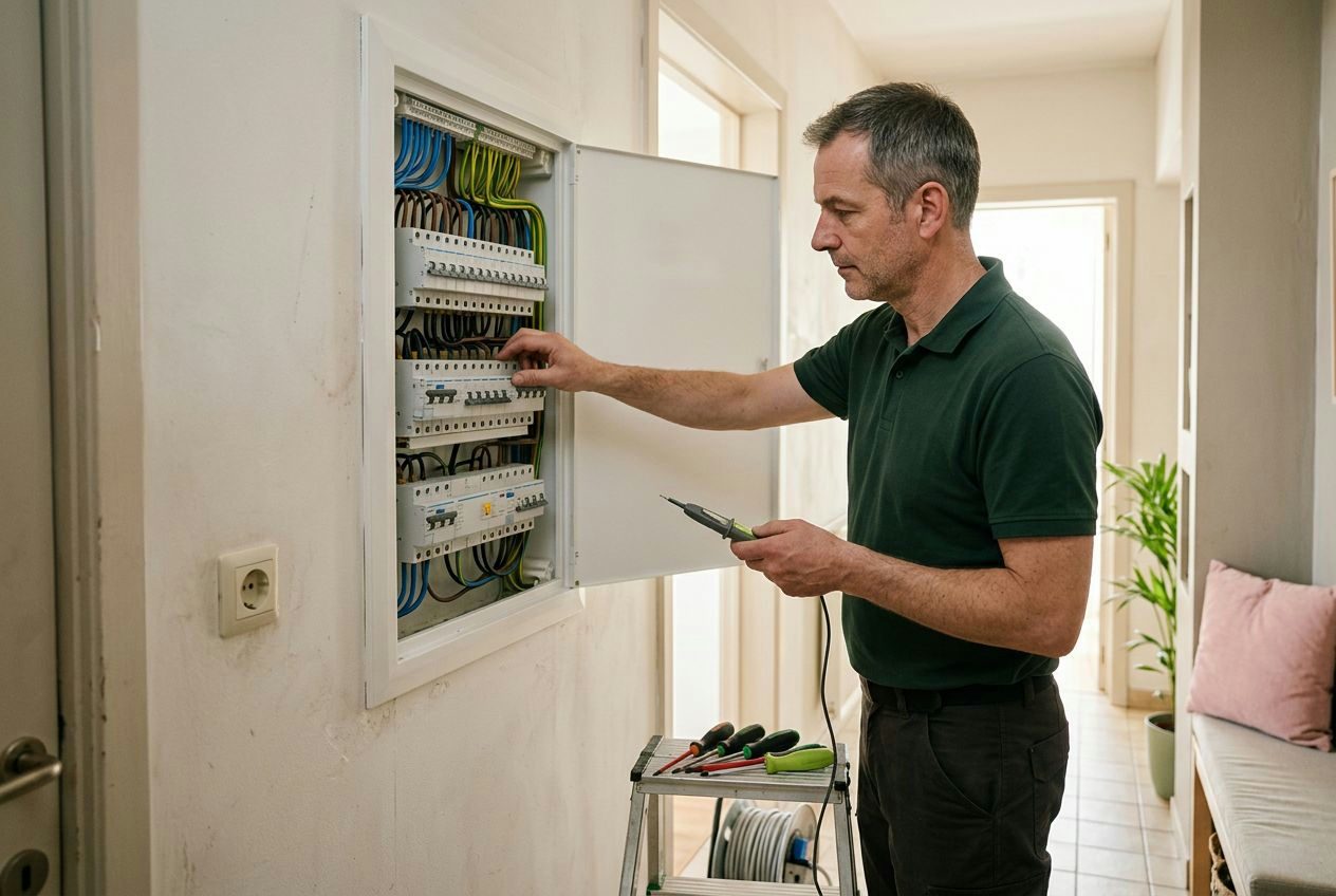 Ein Elektriker prüft einen offenen Verteilerkasten im Flur eines Hauses, Spannungsprüfer in der Hand