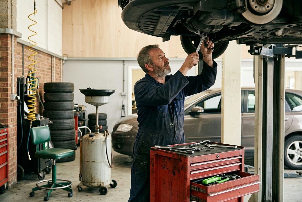 Ein Mechaniker unter der Hebebühne, der Werkzeugwagen offen neben ihm